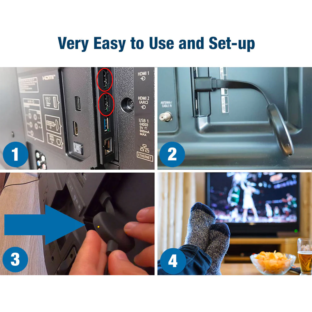 Easy to Install:
1. Locate the HDMI port on the TV (usually on the back or side)

2. Install SyncTech™ Smart TV Evolution

3. Wait for the light to come on

4. Turn on the TV and enjoy instant free access to channels and streaming apps.
